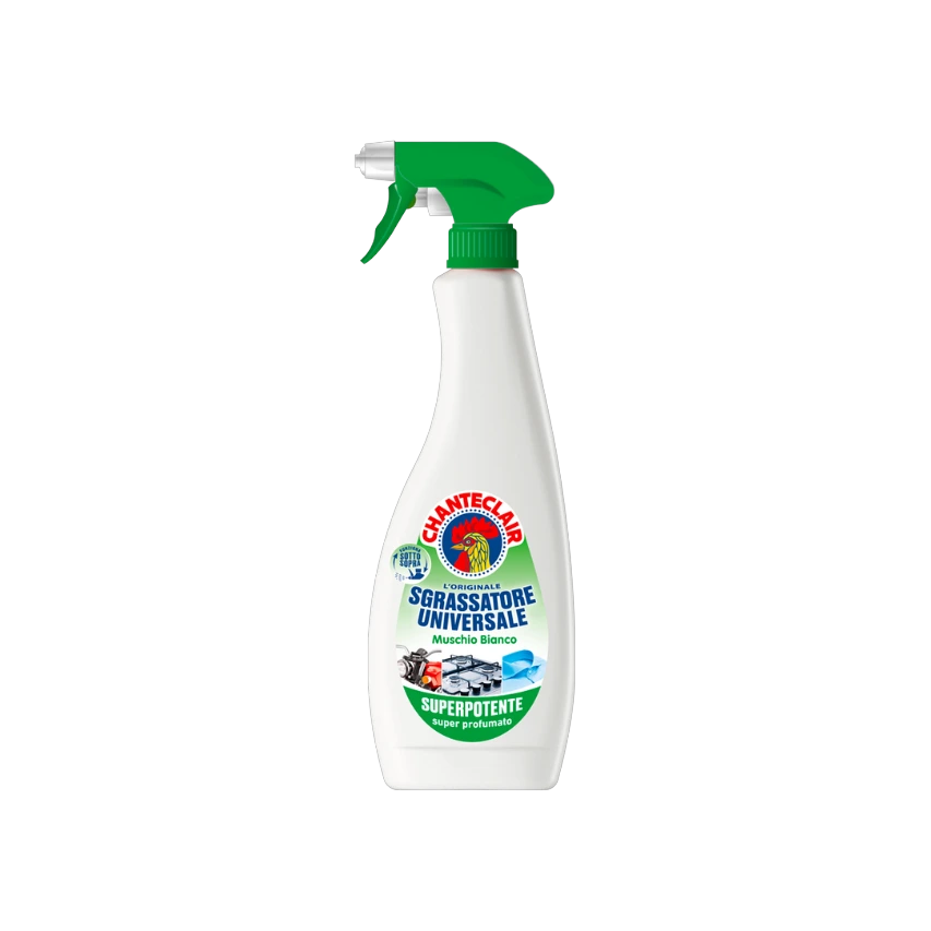 Chanteclair Sgrassatore Universale Muschio Bianco Ontvetter Spray 600 ml, witte sprayfles met groene spuitkop