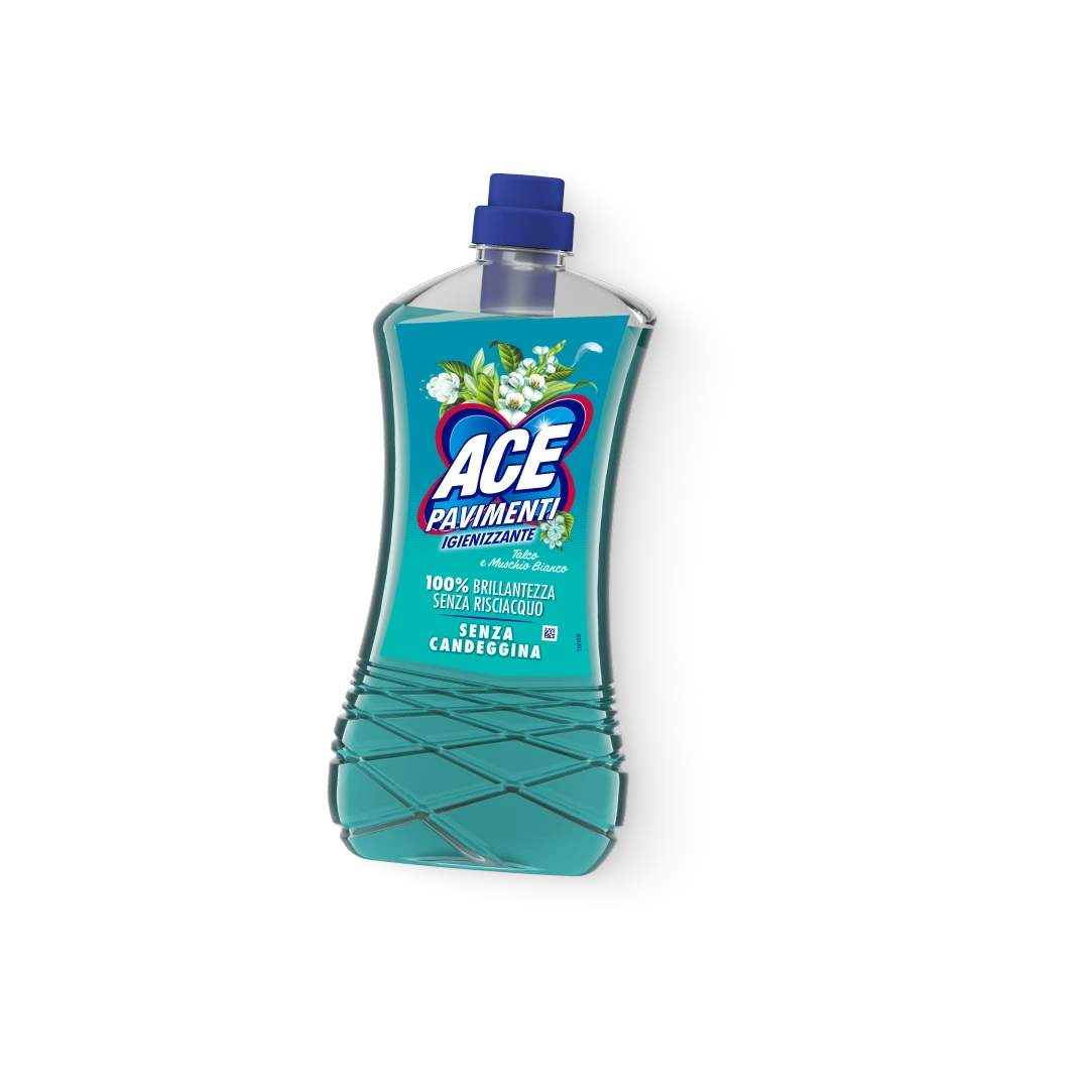 Ace Hygiënische Vloerreiniger Talco e Muschio Bianco 1 L, aquagroene fles met blauwe dop en witte bloemen
