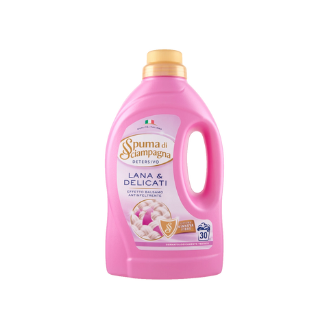 Spuma di Sciampagna Detersivo Lana & Delicati 1,35 L, flacone rosa con maniglia e tappo arancione