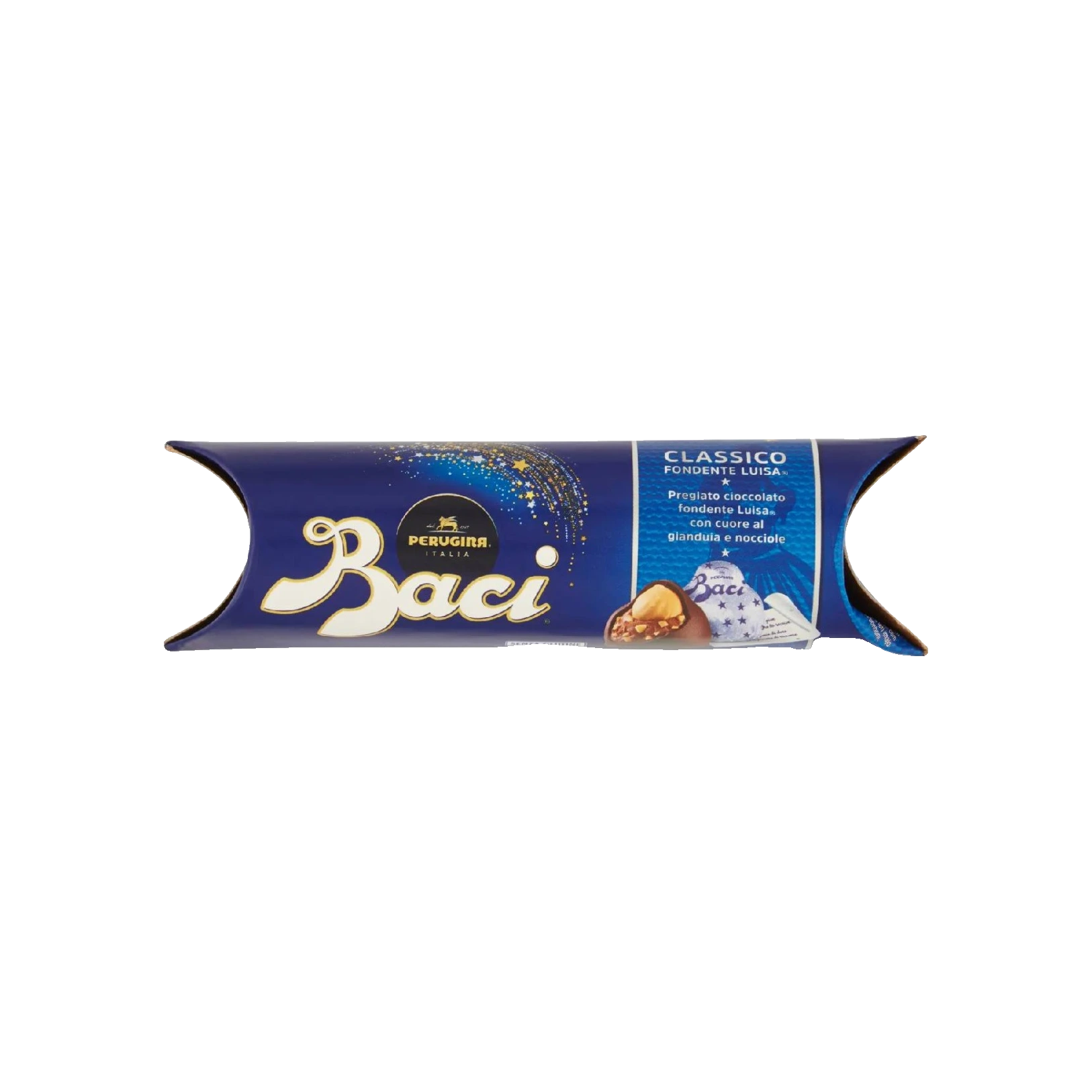 Baci Perugina Classico Fondente Luisa koker 3 stuks 37,5 g, blauwe koker met Baci logo en doorgesneden bonbon