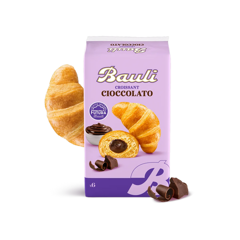 Bauli Croissant Cioccolato 6 pezzi 300 g, busta lilla con croissant e scaglie di cioccolato accanto