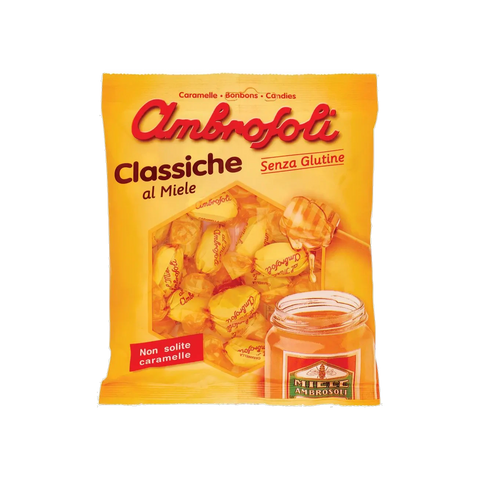 Ambrosoli Caramelle Classiche al Miele 135 g, busta gialla con caramelle incartate e vasetto di miele