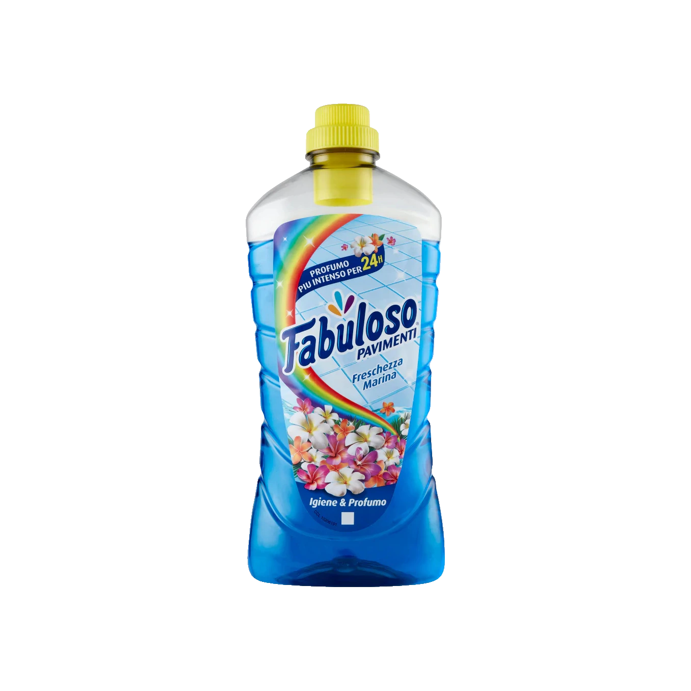 Fabuloso Vloerreiniger Freschezza Marina 950 ml, doorzichtige blauwe fles met gele dop en tropische bloemen