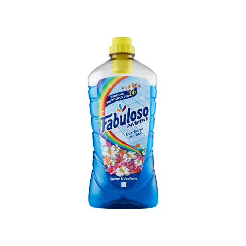 Fabuloso Detersivo Pavimenti Freschezza Marina 950 ml, flacone blu trasparente con tappo giallo e fiori tropicali