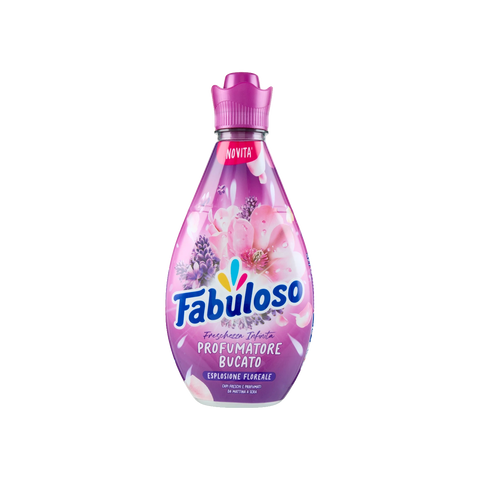 Fabuloso Profumatore Bucato Esplosione Floreale 730 ml, flacone viola con fiori rosa e lavanda