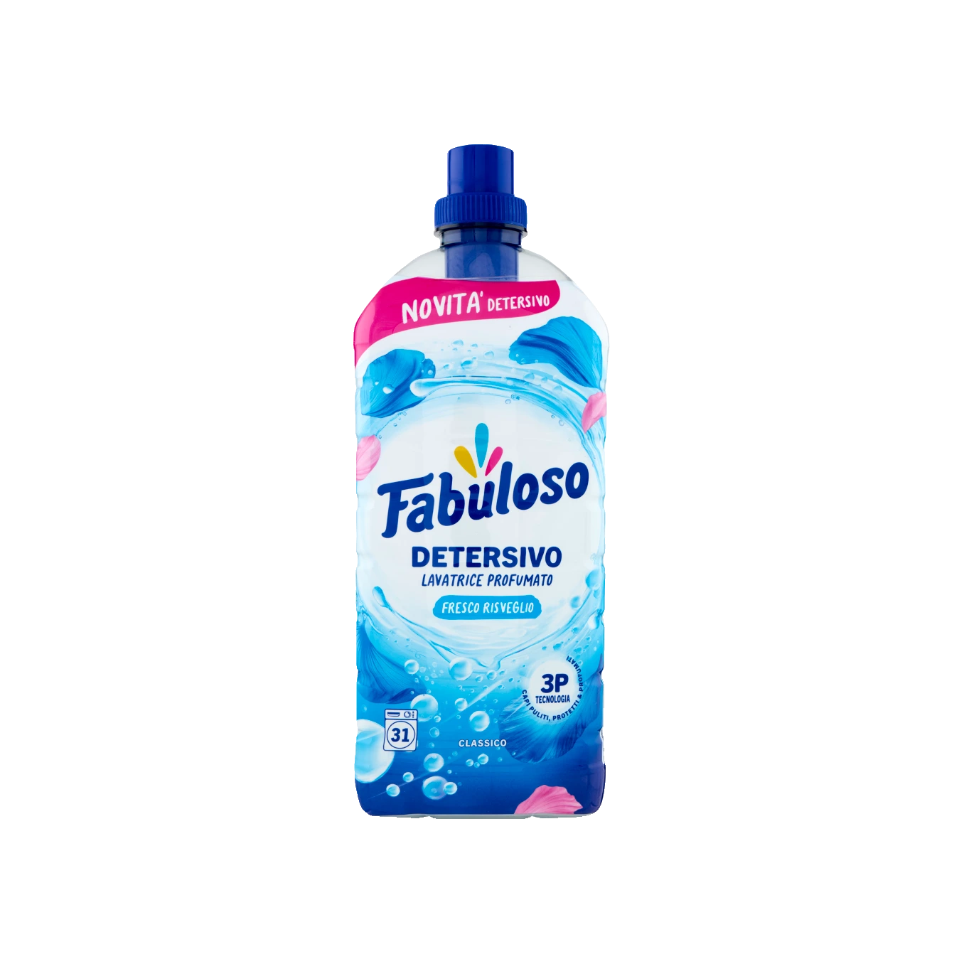 Fabuloso Vloeibaar Wasmiddel Fresco Risveglio 31 Wasbeurten 1,25 L, wit met lichtblauwe fles, blauwe dop en bubbels