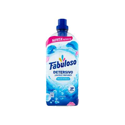 Fabuloso Detersivo Lavatrice Fresco Risveglio 31 Lavaggi 1,25 L, flacone bianco e azzurro con tappo blu e bolle