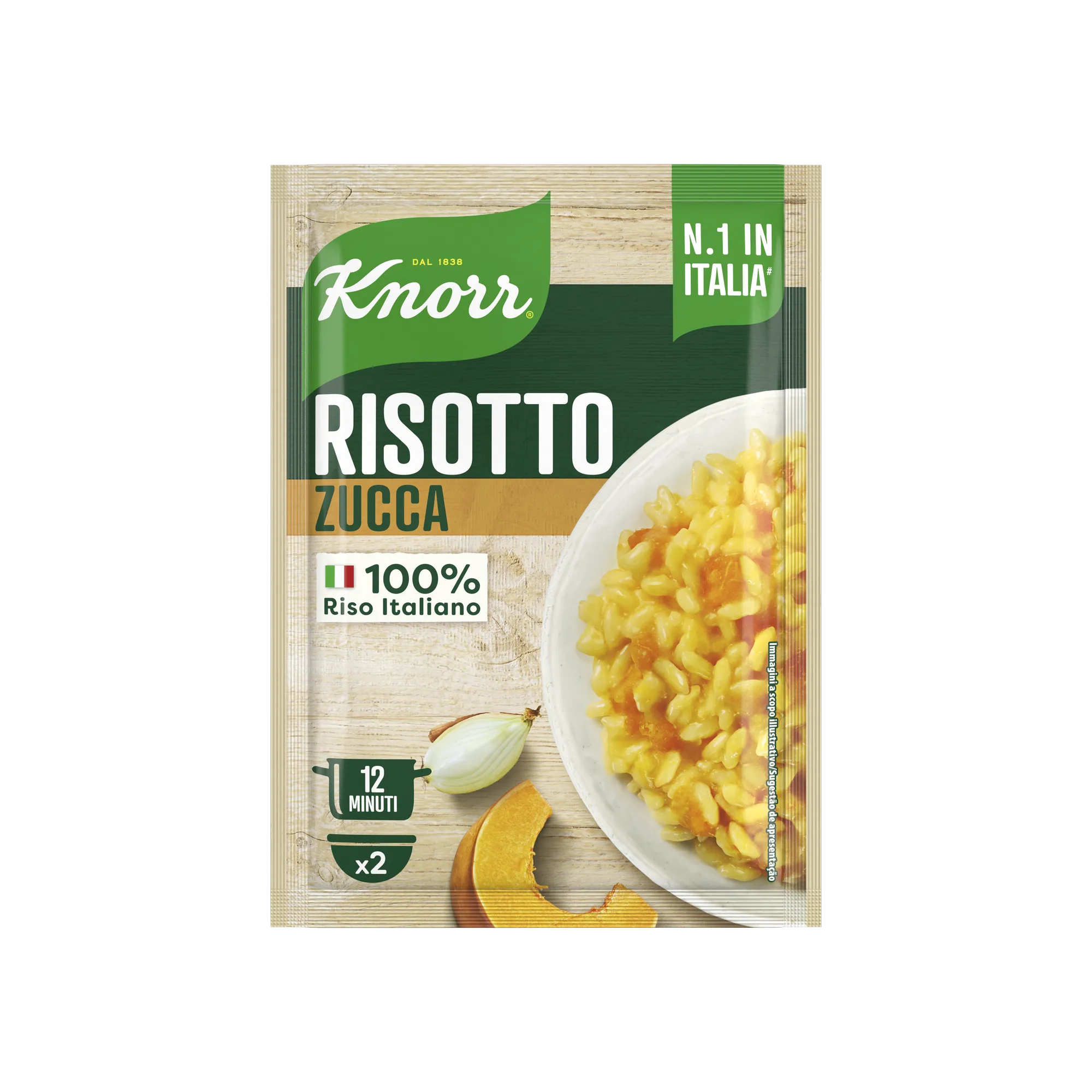Knorr Risotto alla Zucca 175 g, zakje met een bord pompoenrisotto