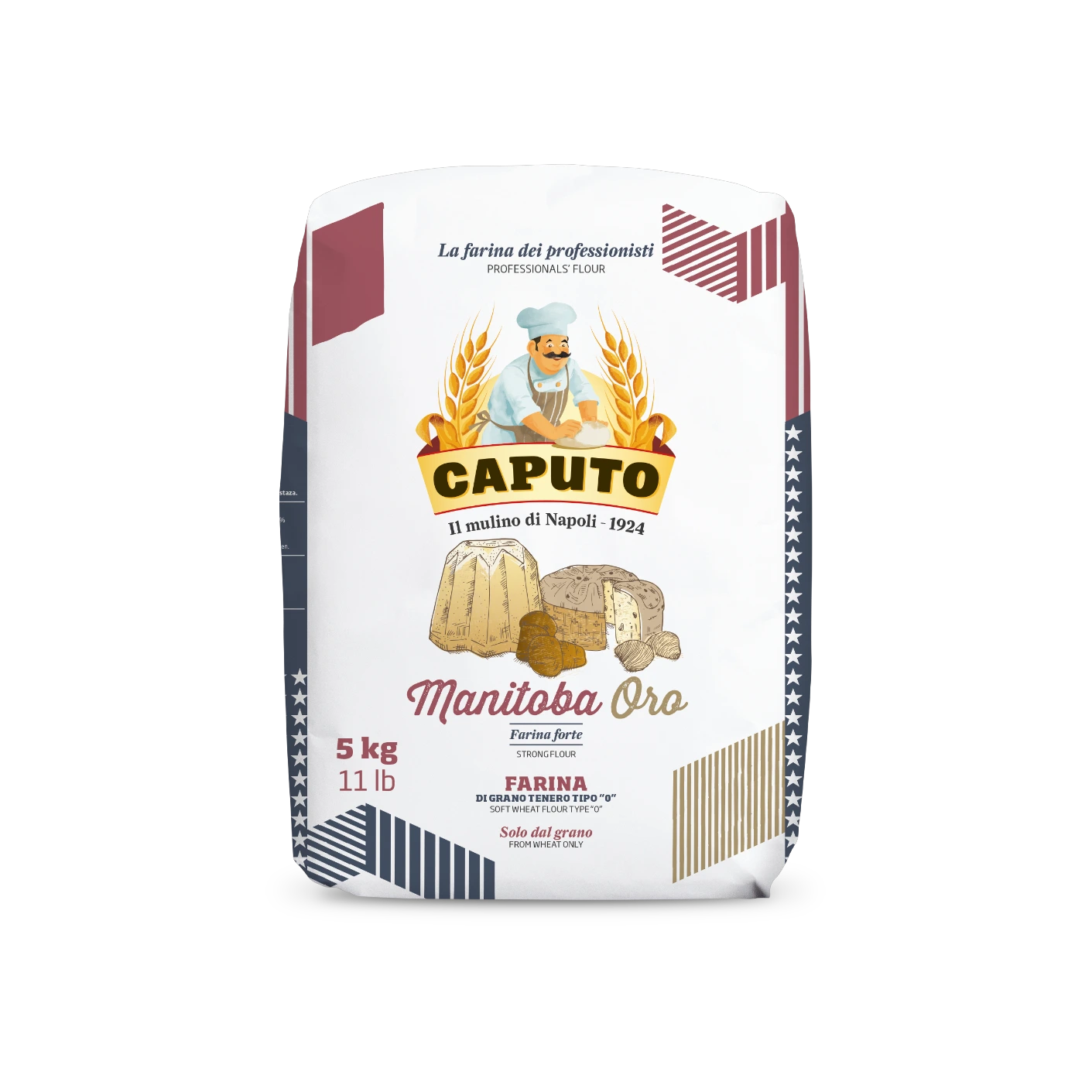 Caputo Manitoba Oro Bloem 5 kg, witte papieren zak met sterren en strepen langs de rand