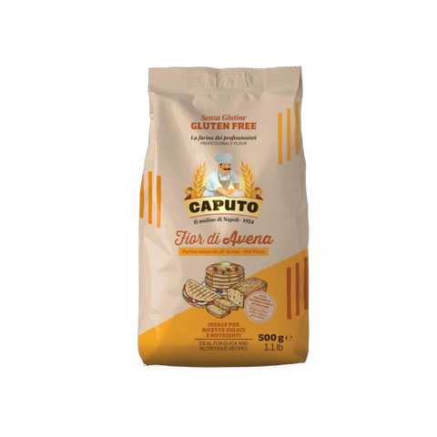Caputo Fior di Avena Senza Glutine 500 g, pacco beige e arancione con pancake e pane d'avena