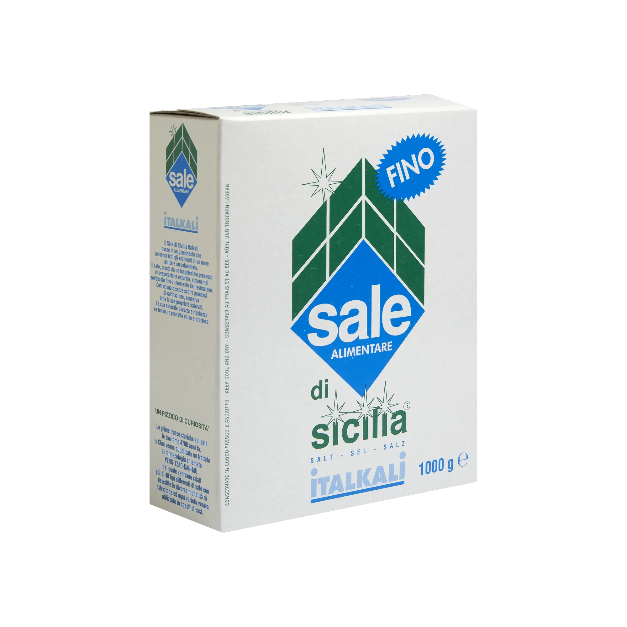 Italkali Siciliaans Fijn Zout zonder Jodium 1 kg, wit kartonnen pak met groen en blauw ruitlogo