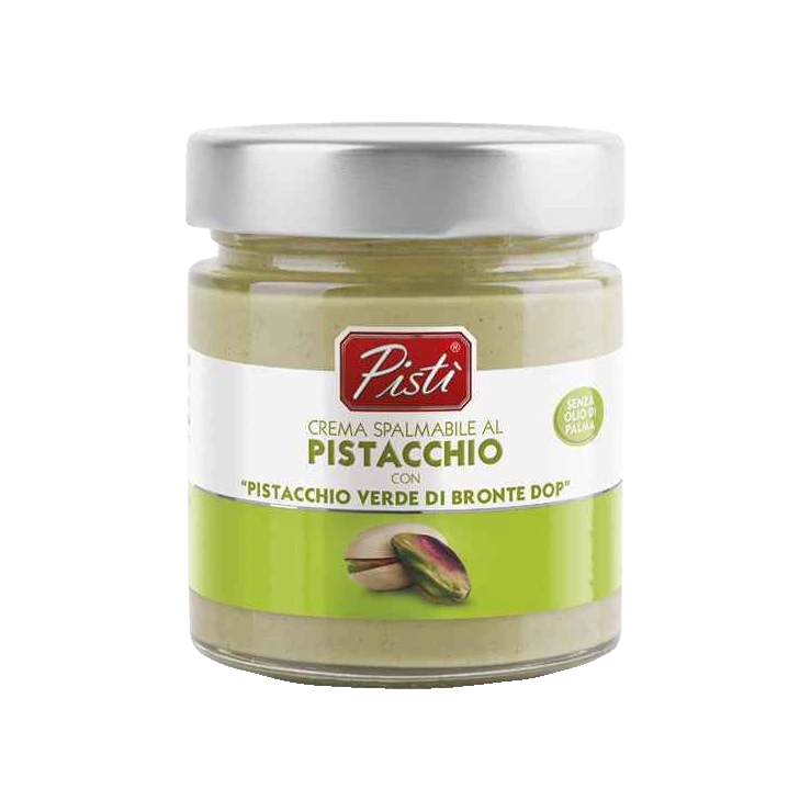 Pistì Crema Spalmabile al Pistacchio Verde di Bronte DOP Pistachecrème 200 g, glazen pot met zilveren deksel en groen etiket