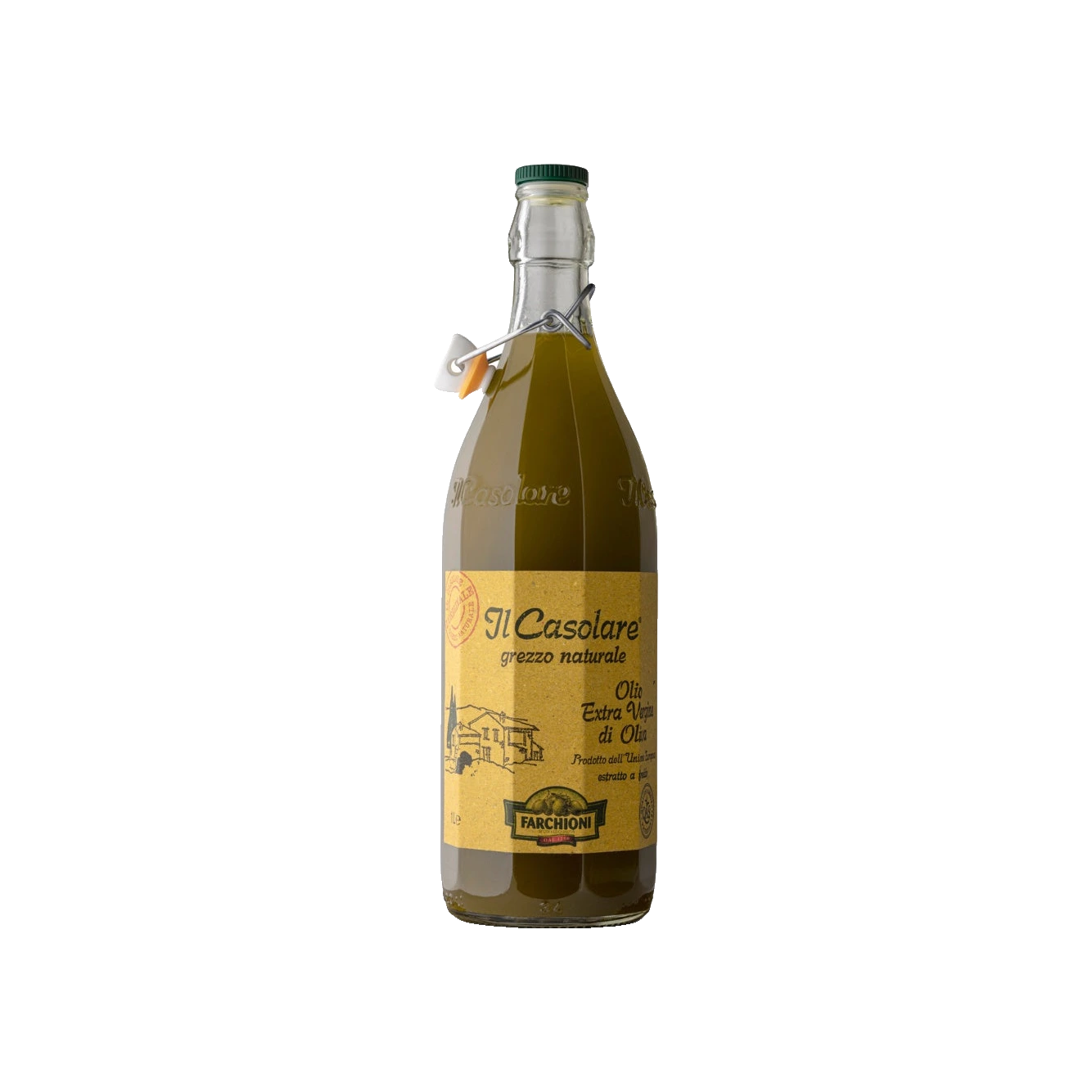 Il Casolare Extra Vergine Olijfolie Grezzo Naturale 1 L, glazen fles met beugeldop en geel etiket