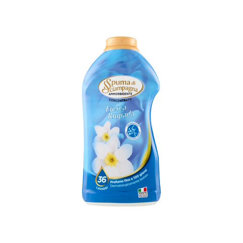 Spuma di Sciampagna Ammorbidente Concentrato Fresca Rugiada 36 lavaggi 720 ml, flacone azzurro con narcisi bianchi