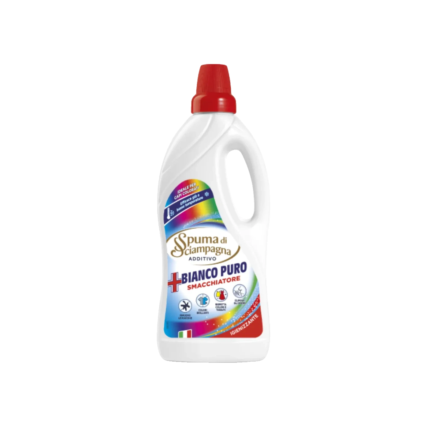 Spuma di Sciampagna Bianco Puro Vlekverwijderaar Bonte Was 900 ml, witte fles met rode dop en regenboogetiket