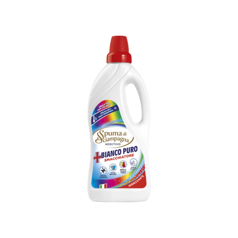 Spuma di Sciampagna Additivo Bianco Puro Smacchiatore Colorati 900 ml, flacone bianco con tappo rosso ed etichetta arcobaleno