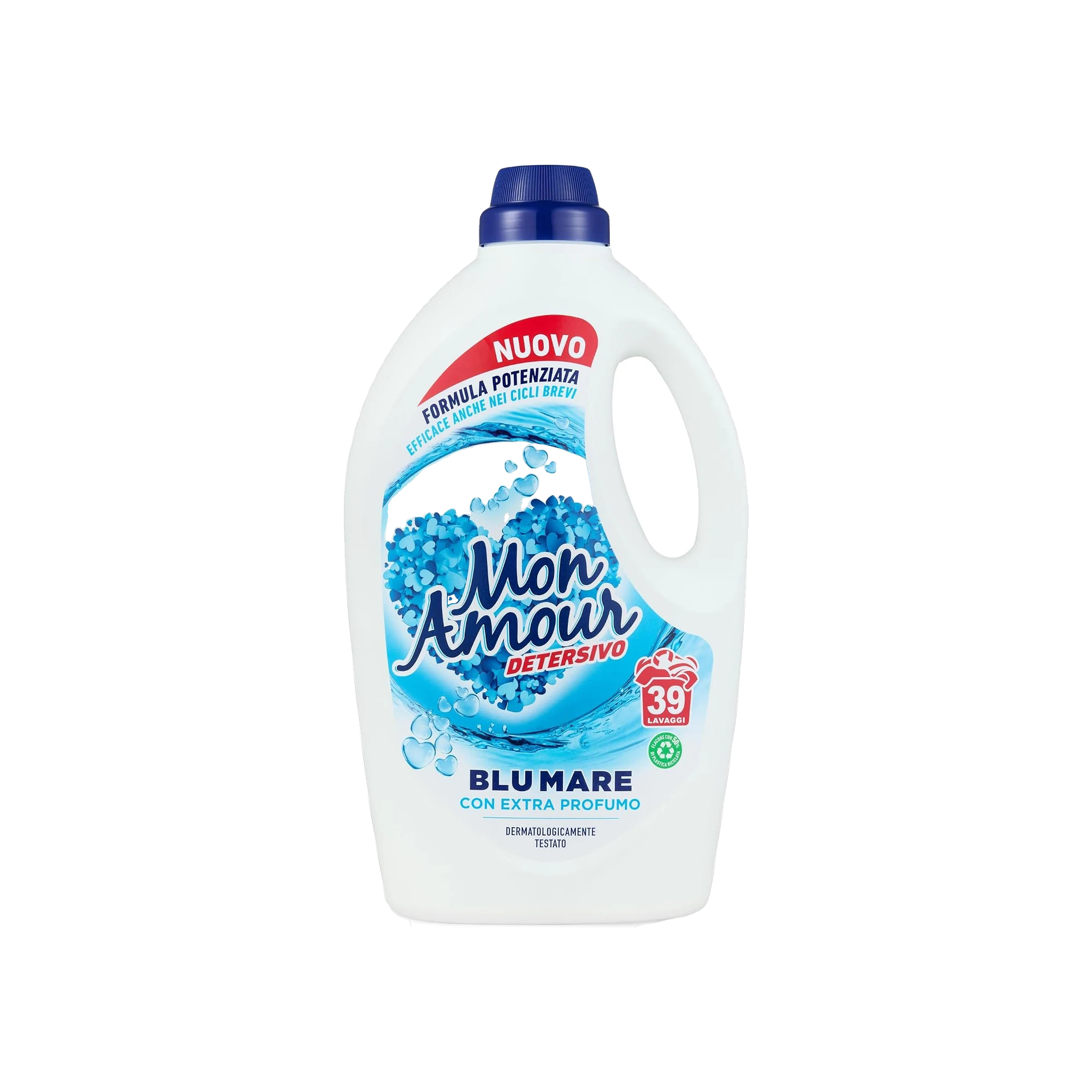 Felce Azzurra Mon Amour Wasmiddel Blu Mare 39 Wasbeurten 1560 ml, witte fles met blauwe dop en hart van lichtblauwe belletjes