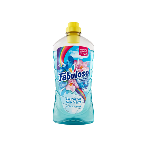 Fabuloso Detersivo Pavimenti Freschezza Fior di Loto 950 ml, flacone azzurro con tappo giallo e fiori di loto