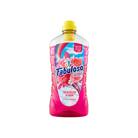 Fabuloso Detersivo Pavimenti Freschezza Floreale 950 ml, flacone fucsia con tappo giallo e rose