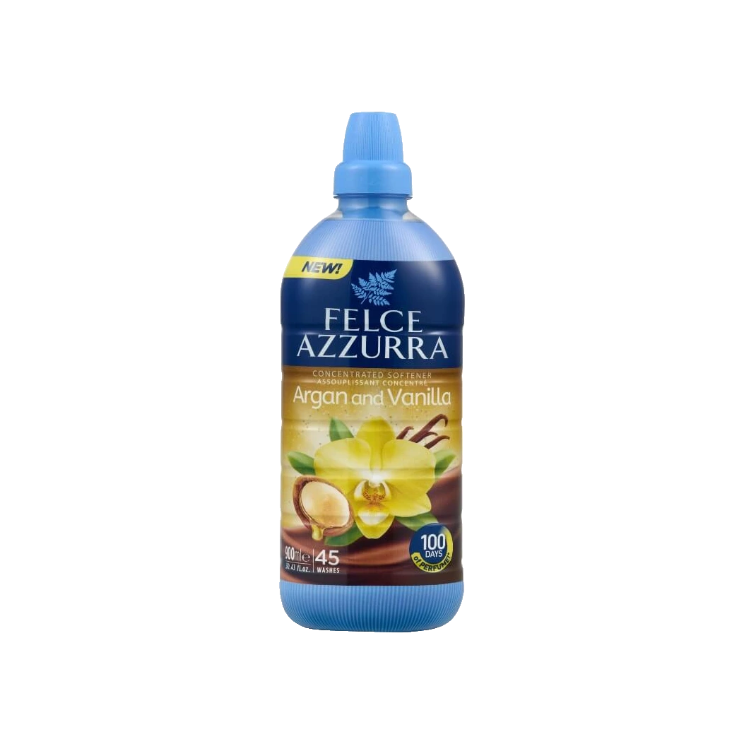 Felce Azzurra Geconcentreerde Wasverzachter Argan e Vaniglia 900 ml, lichtblauwe fles met vanillebloem en arganolie