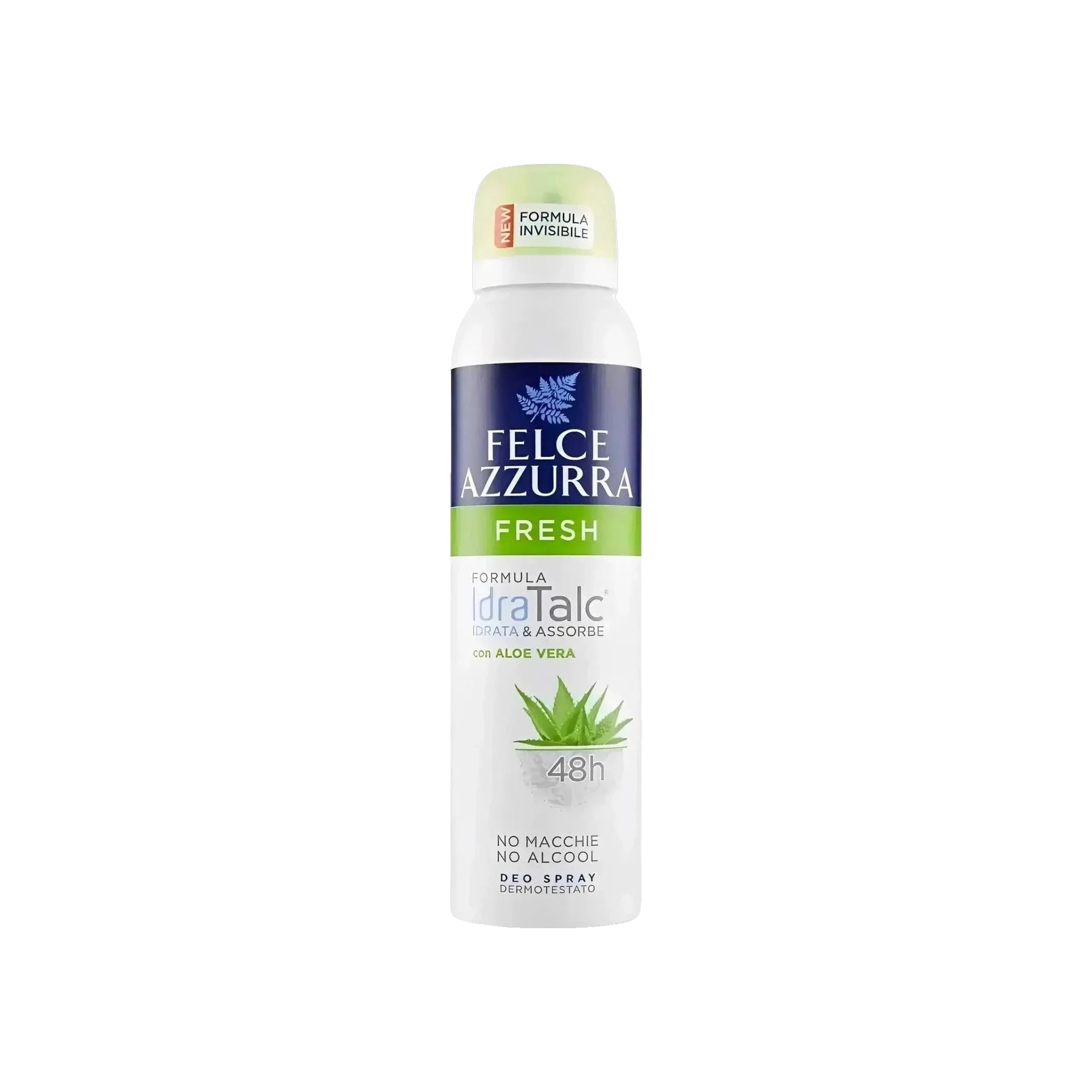 Felce Azzurra Deodorant Spray Fresco 150 ml, witte spuitbus met groene band en aloë vera blaadjes