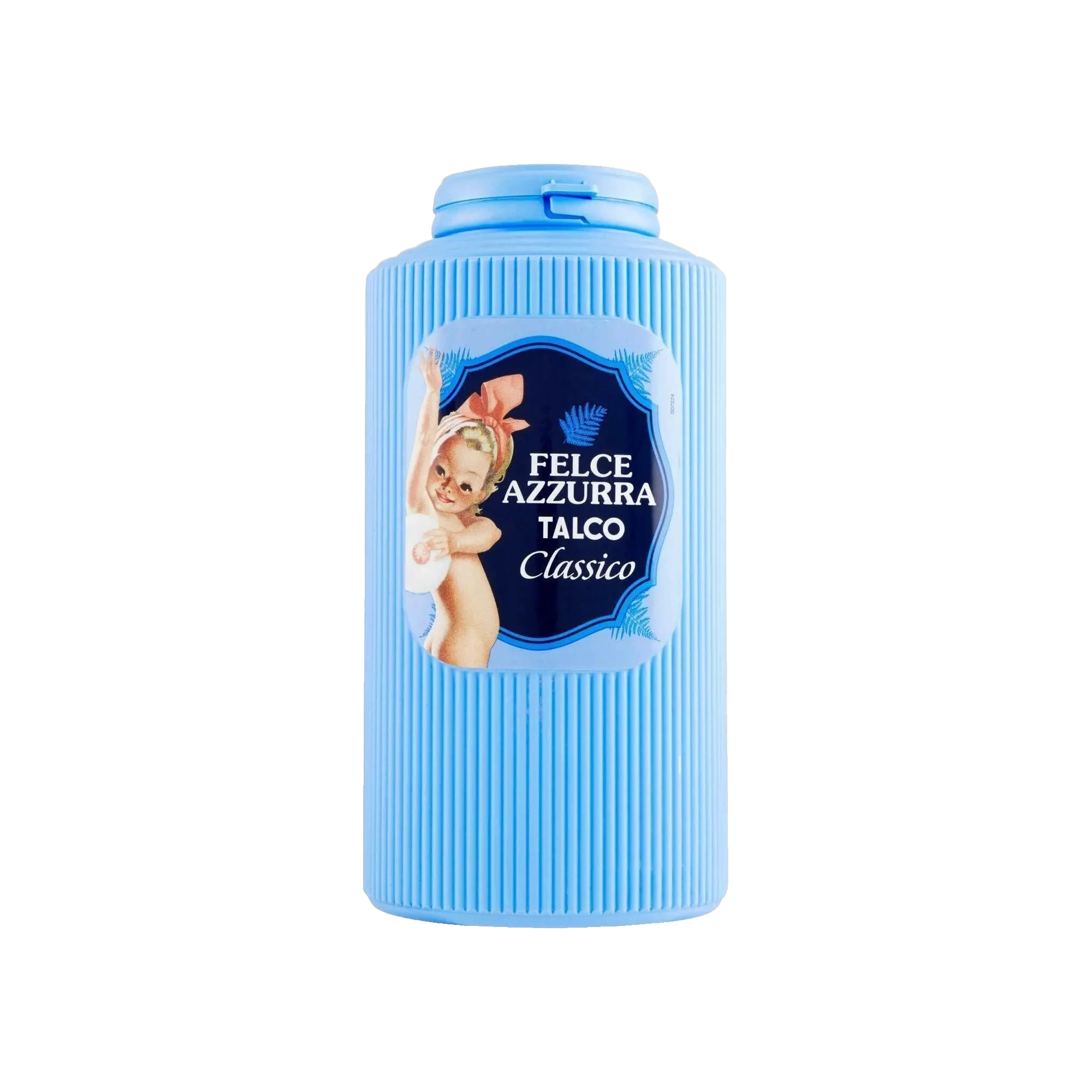 Felce Azzurra Talkpoeder Classico Strooibus 200 g, lichtblauwe geribbelde strooibus met vintage etiket