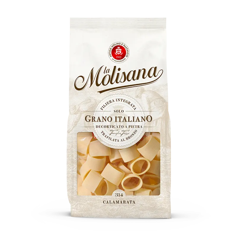 La Molisana Calamarata N°314 500 g, ivoorkleurig pak met venster op de pastaringen