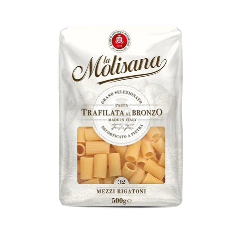 La Molisana Mezzi Rigatoni N°32 500 g, confezione bianca con finestra sui tubi corti rigati