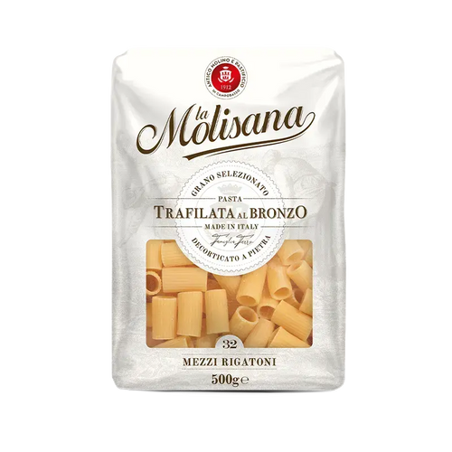 La Molisana Mezzi Rigatoni N°32 500 g, wit pak met venster op de korte geribbelde buisjes