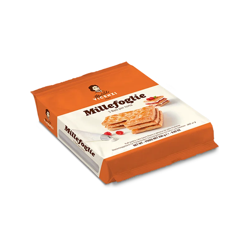 Matilde Vicenzi Millefoglie 3 taartbodems 250 g, oranje verpakking met de bladerdeegbodems