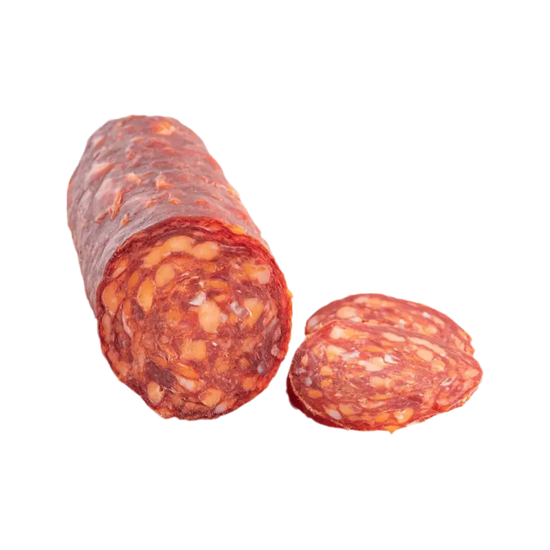 Salame Napoli piccante, gesneden plakje met witte vetblokjes