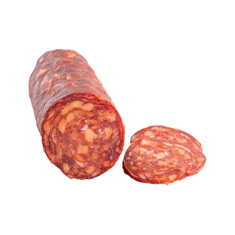 Salame Napoli piccante, fetta tagliata con i lardelli bianchi