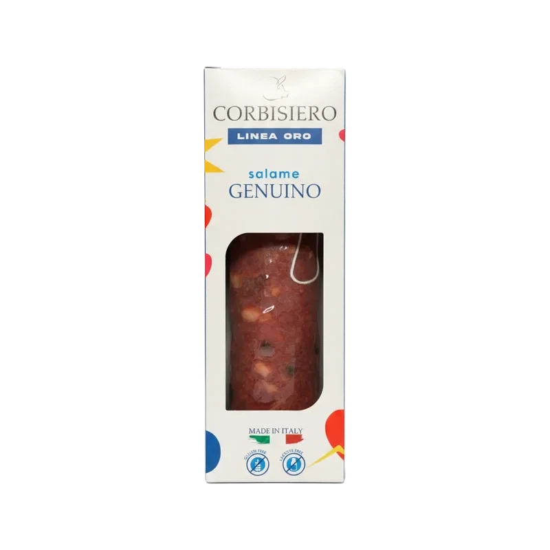 Corbisiero Salame Genuino Linea Oro 310 g, witte verpakking met venster op de salami