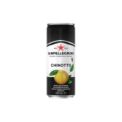 Sanpellegrino Chinò 330 ml, lattina slim nera con il chinotto in etichetta