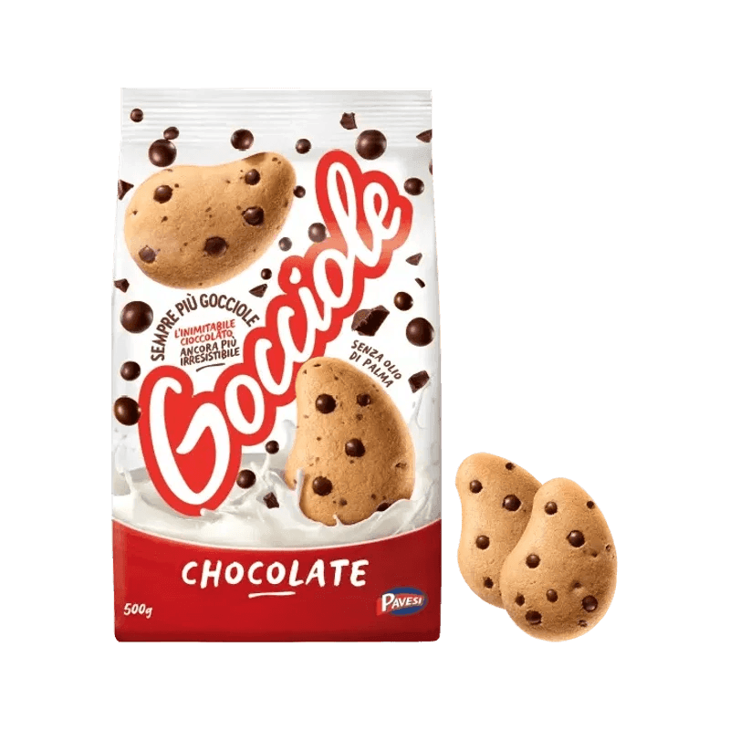 Pavesi Gocciole Chocolate 500 g, wit met rode zak met koekjes en chocoladedruppels