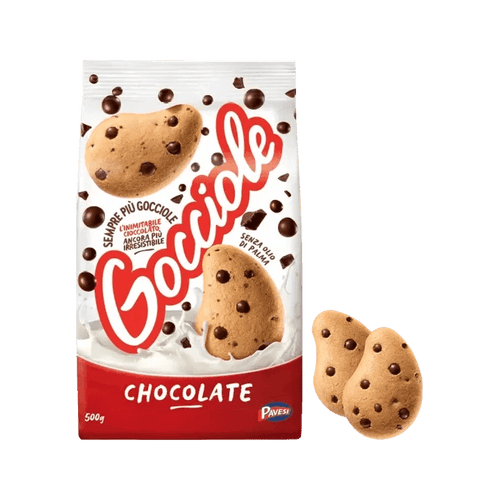 Pavesi Gocciole Chocolate 500 g, busta bianca e rossa con biscotti e gocce di cioccolato