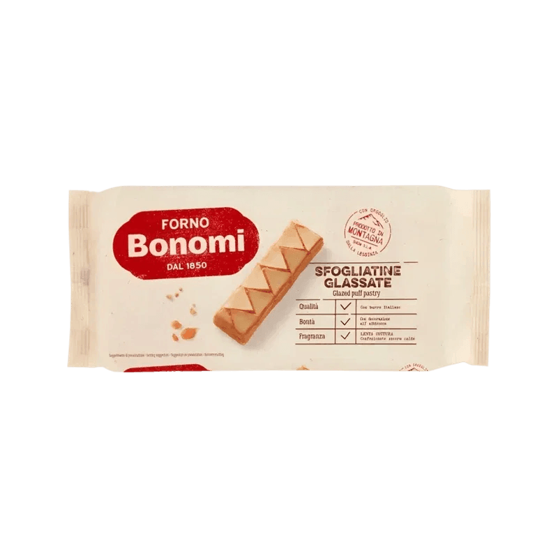 Bonomi Sfogliatine Glassate bladerdeegkoekjes 135 g, knapperig met glazuur en abrikozenaccent