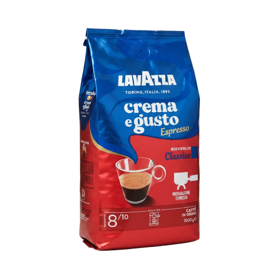 Lavazza Crema e Gusto Espresso Classico caffè in grani 1 kg, busta blu e rossa con tazzina di espresso