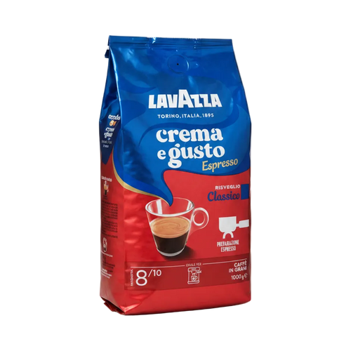 Lavazza Crema e Gusto Espresso Classico caffè in grani 1 kg, busta blu e rossa con tazzina di espresso