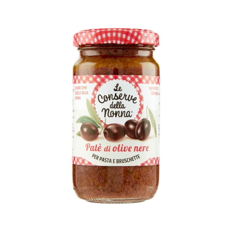 Le Conserve della Nonna Paté di Olive Nere 190 g, glazen potje met zwarte olijven op het etiket