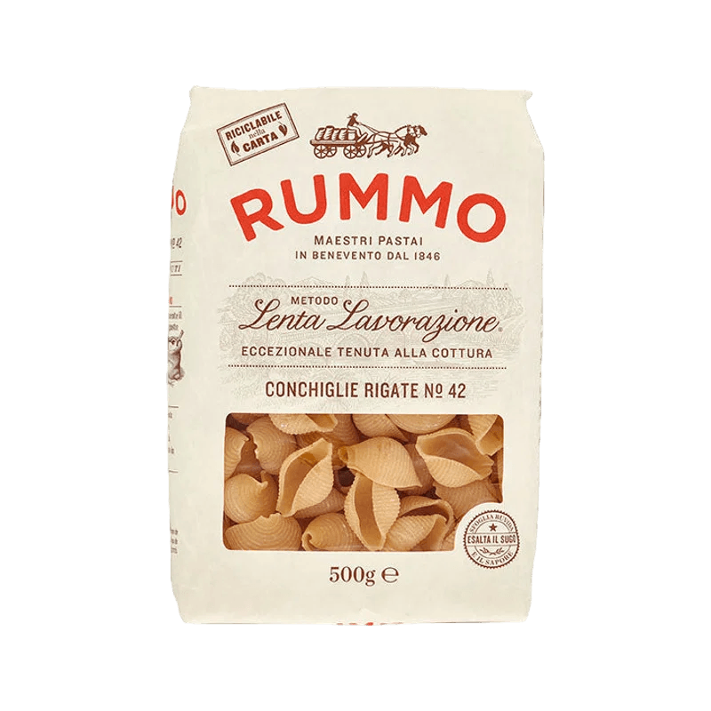Rummo Conchiglie Rigate N°42 500 g, ivoorkleurig pak met venster op de schelpjes
