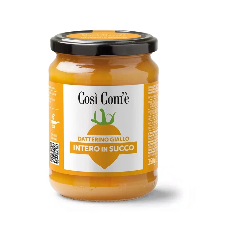 Così com'è Datterino Giallo Intero in Succo 350 g, vasetto di vetro con pomodorini gialli nel loro succo