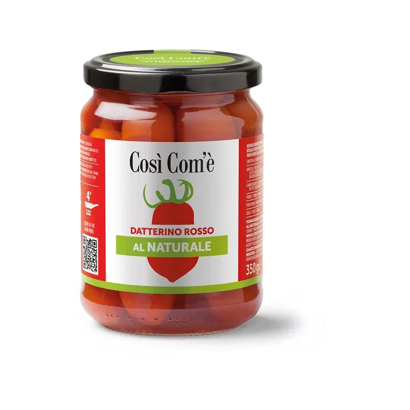Così com'è Datterino Rosso al Naturale 350 g, vasetto di vetro con pomodorini datterini rossi interi