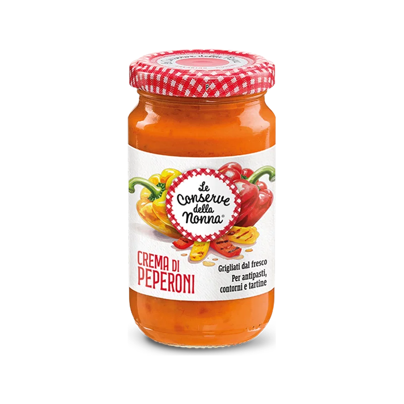Le Conserve della Nonna Crema di Peperoni 190 g, glazen potje met rode en gele paprika's op het etiket