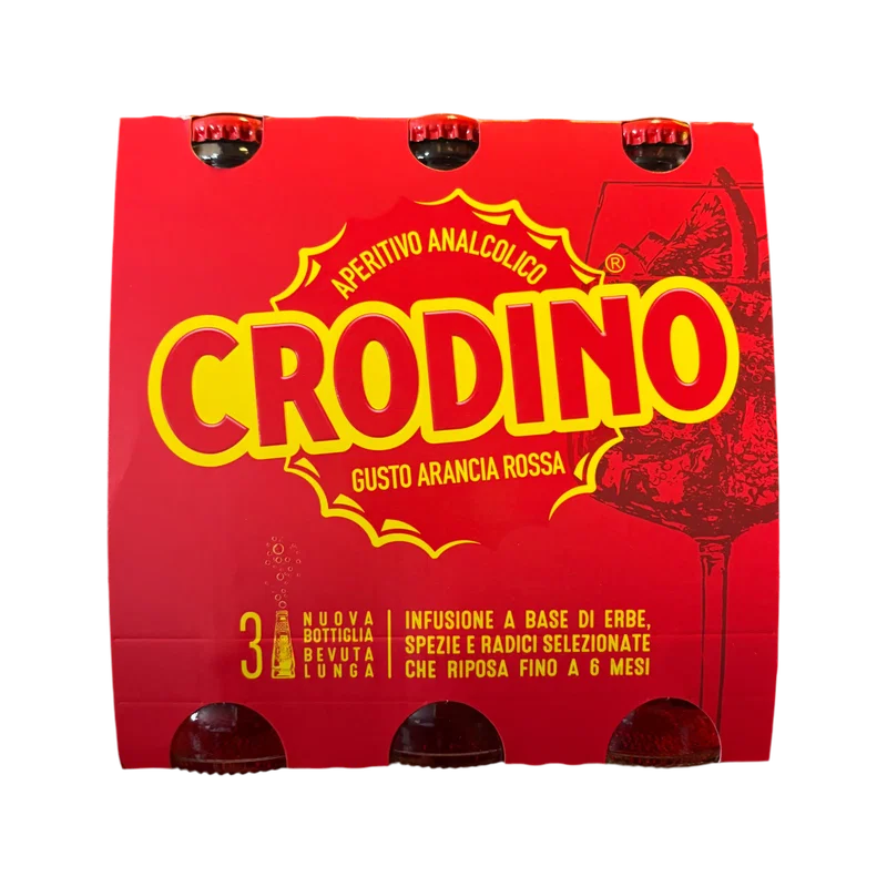 Crodino Arancia Rossa alcoholvrij aperitief 3 x 175 ml, rode verpakking met drie glazen flessen