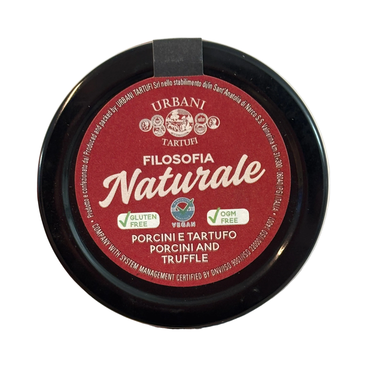 Urbani Tartufi Salsa ai Funghi Porcini e Tartufo 80 g, deksel met de tekst Porcini e Tartufo