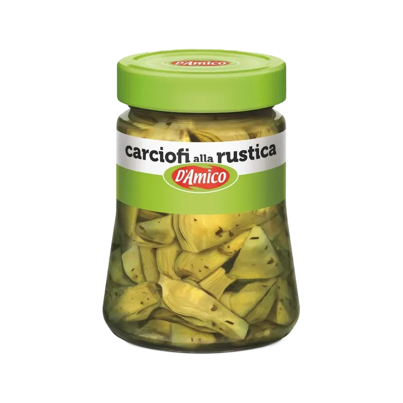D'Amico Carciofi alla Rustica 280 g, glazen pot met artisjokpartjes op olie