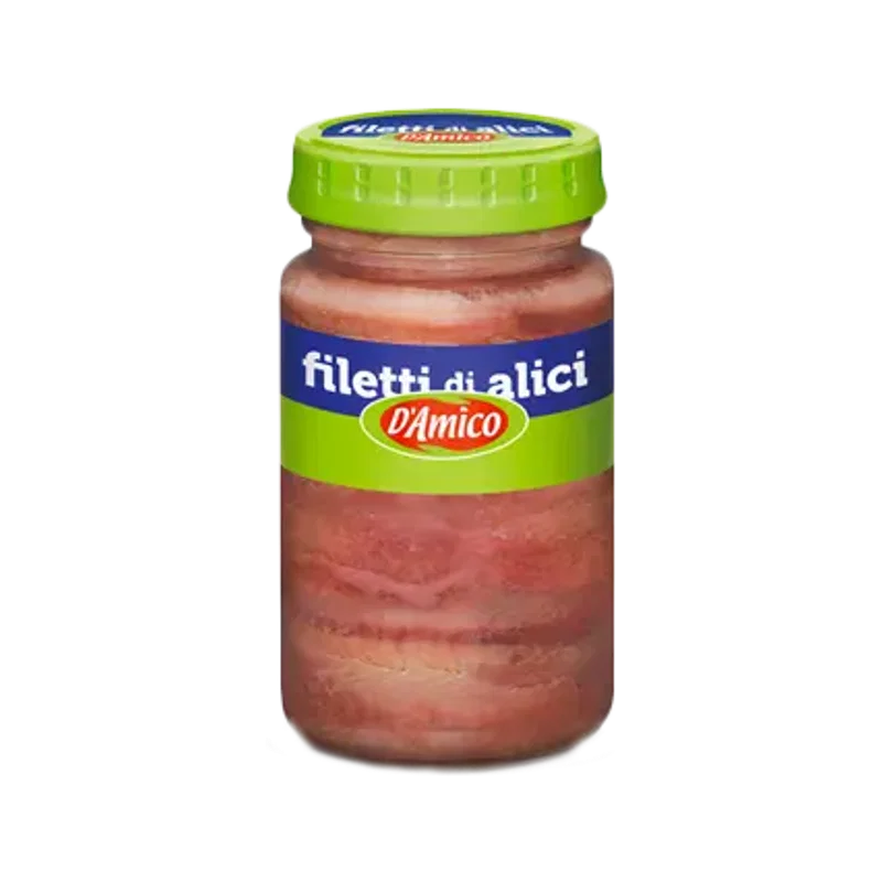 D'Amico Filetti di Alici 140 g, glazen pot met ansjovisfilets in zonnebloemolie