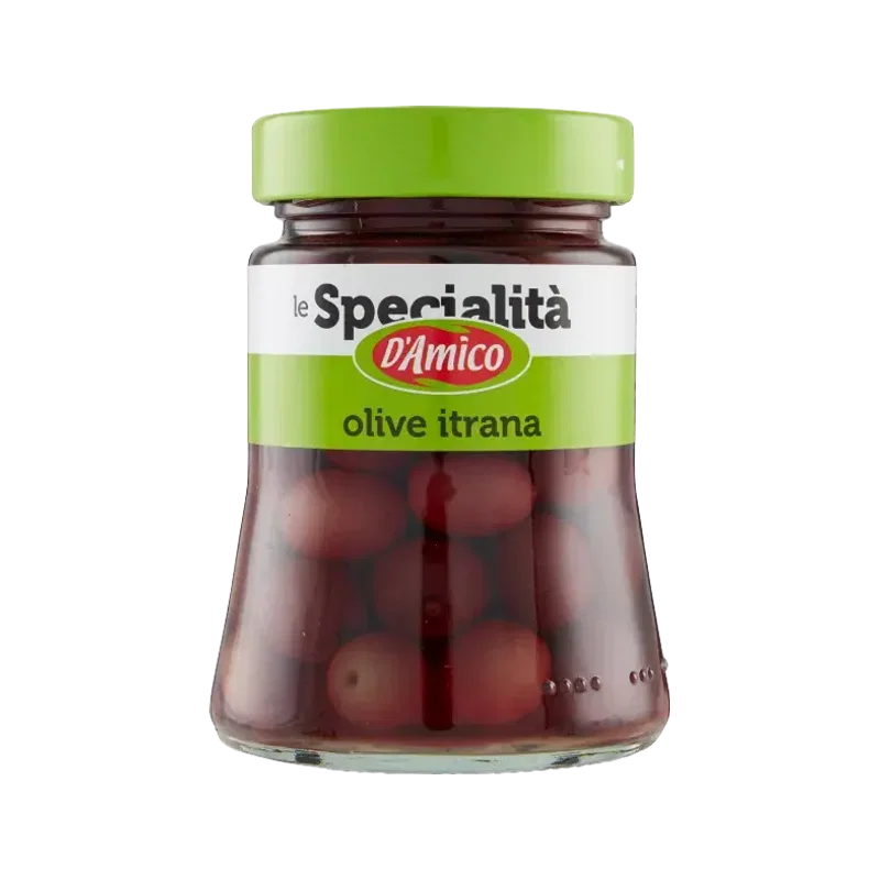 D'Amico Olive Itrana 300 g, glazen pot met hele donkere olijven in water en zout
