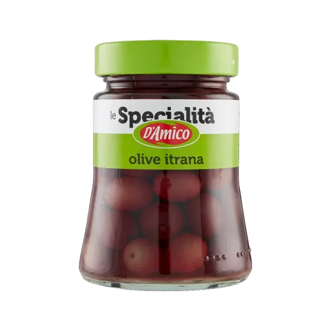 D'Amico Olive Itrana 300 g, vaso di vetro con olive scure intere in acqua e sale